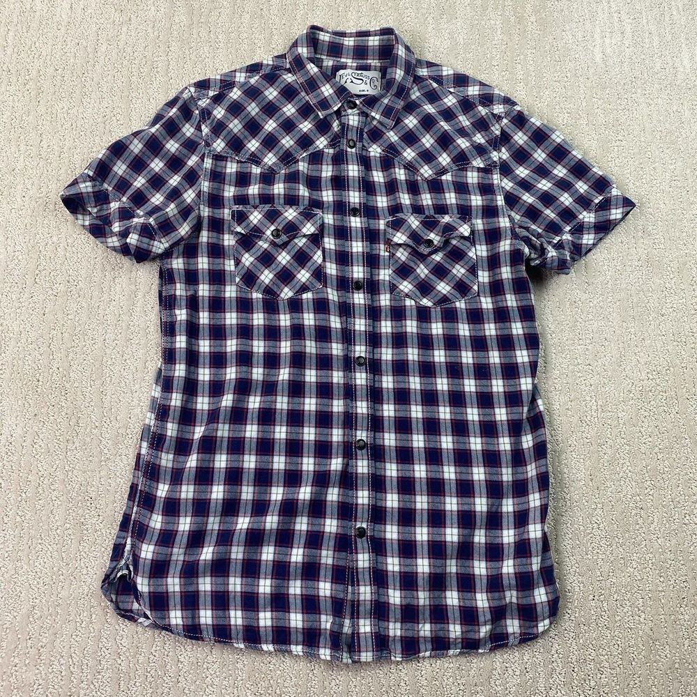 Levi Strauss Snap Button Shirt‎ Mens Blue White Plaid Short Sleeve